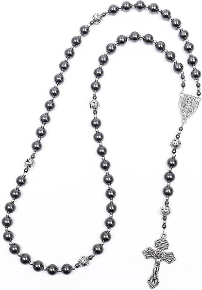 Black Stone Hematite Rosary Necklace Metal Beaded with Our Father Medal & Cross - Nazareth Store 