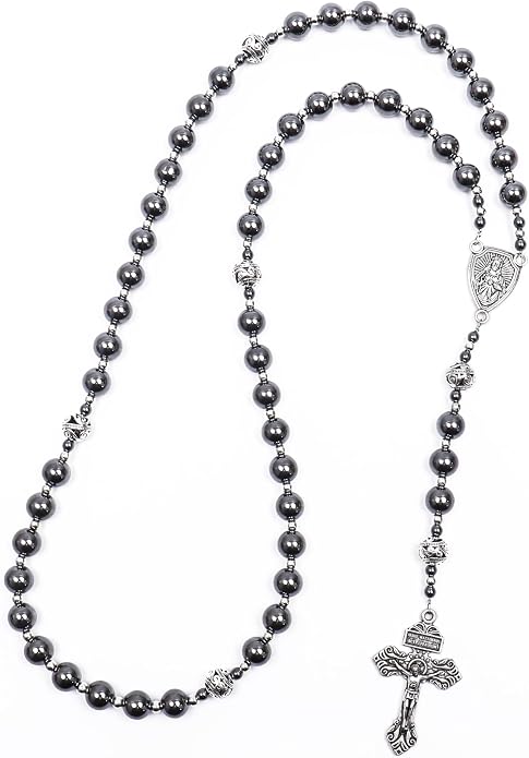 Black Stone Hematite Rosary Necklace Metal Beaded with Our Father Medal & Cross - Nazareth Store 