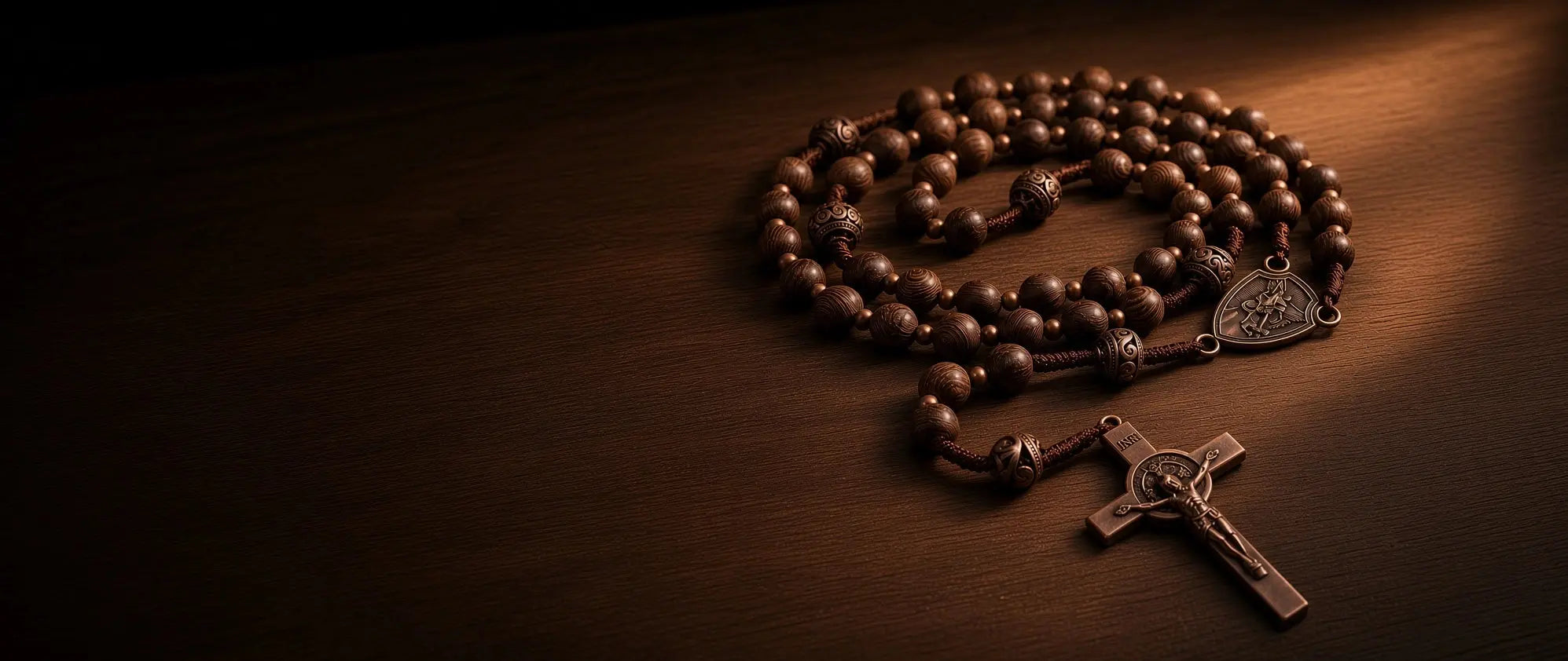 A dark brown wooden rosary with a matching metal crucifix and centerpiece, arranged on a dark wooden surface under dramatic warm lighting.