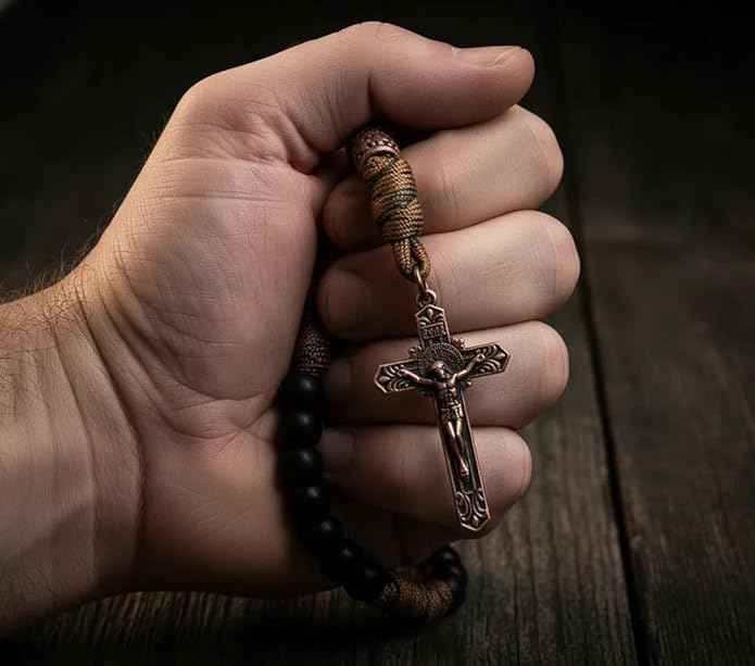 St. Benedict Paracord Rosary Necklace with Black Matte Beads & Copper Crucifix