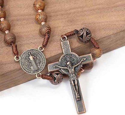 Olive Wood Rosary Necklace Catholic Solid Wooden Beads with St. Benedict Medal & Cross Crucifix - Nazareth Store