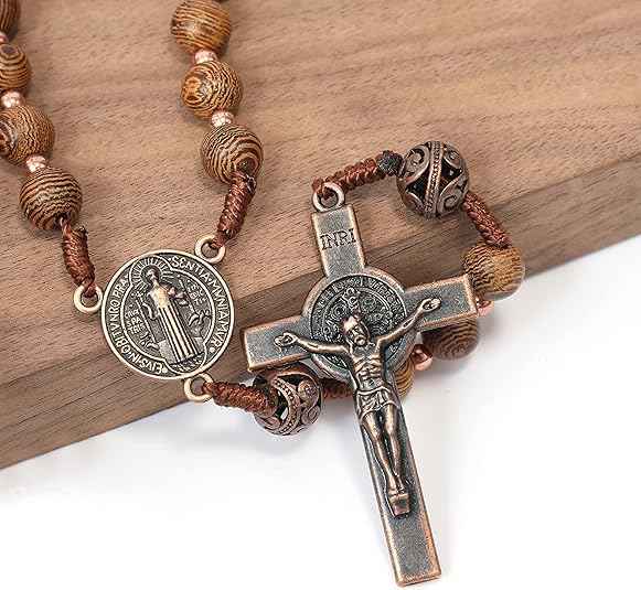 Olive Wood Rosary Necklace Catholic Solid Wooden Beads with St. Benedict Medal & Cross Crucifix - Nazareth Store