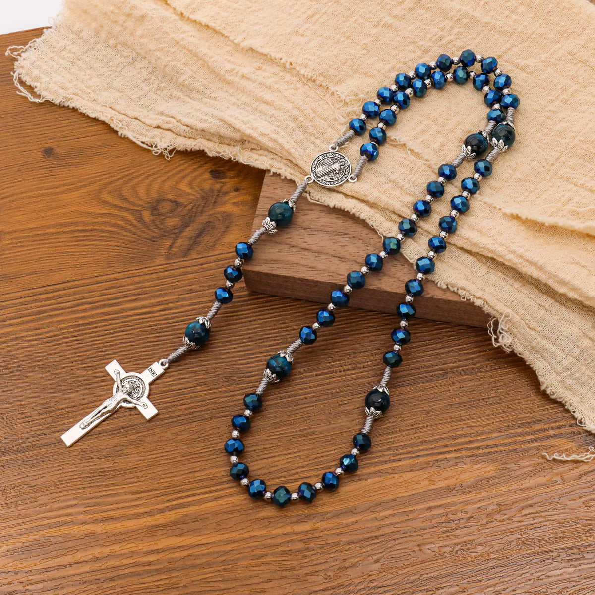 Blue Crystal Rosary Necklace with Tiger Eye Mystery Beads Silver-Plated St Benedict Medal & INRI Crucifix Handmade Catholic Prayer Beads Gift for Women & Men