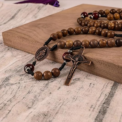 10mm olive wood beads and 12mm dark red wood mystery beads, this rosary offers a bold, strong design that’s perfect for men.