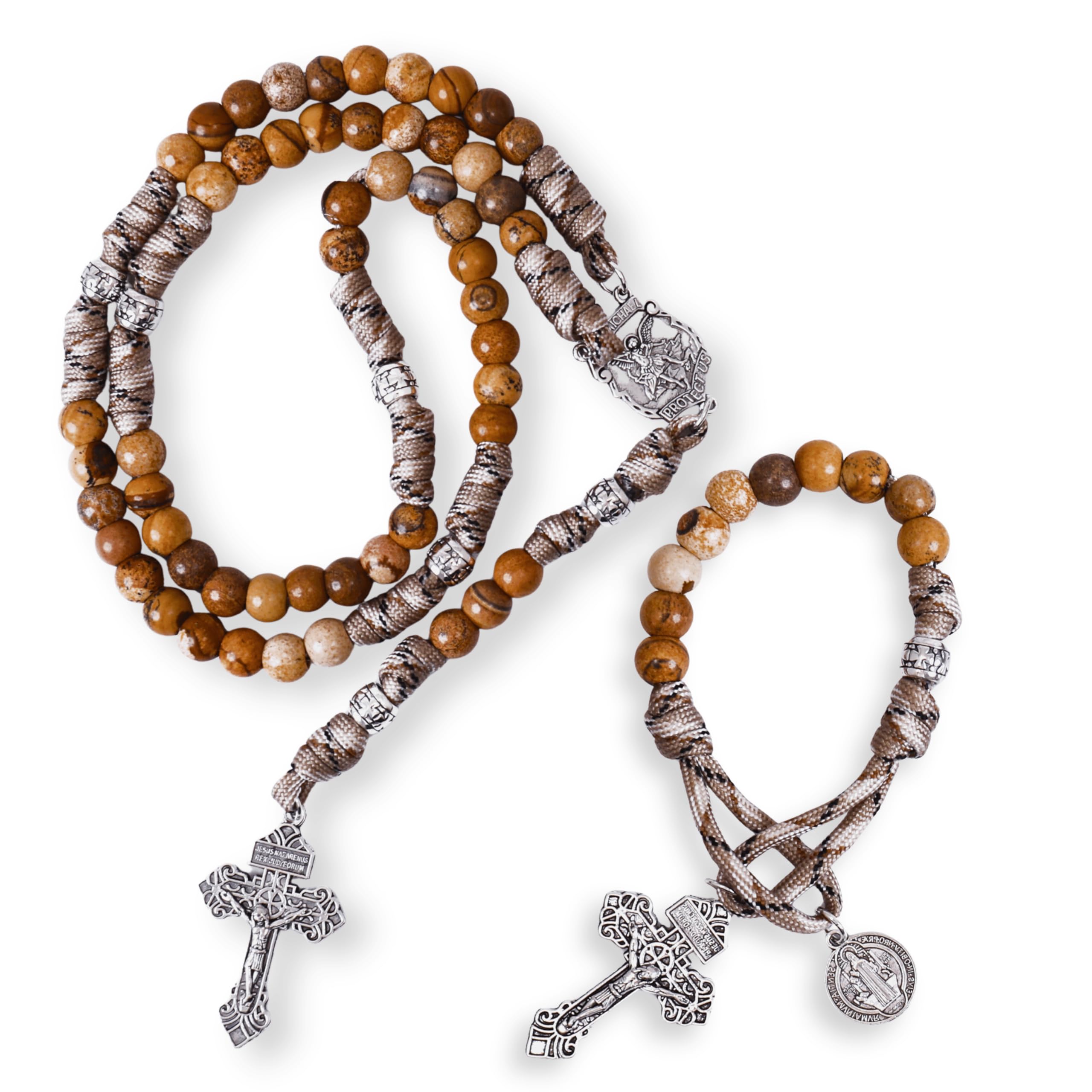 Jasper One Decade Rosary Beads Paracord Set St. Michael Necklace & St. Benedict 22"