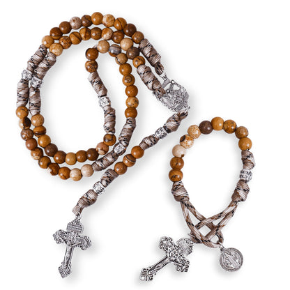 Jasper One Decade Rosary Beads Paracord Set St. Michael Necklace & St. Benedict 22"