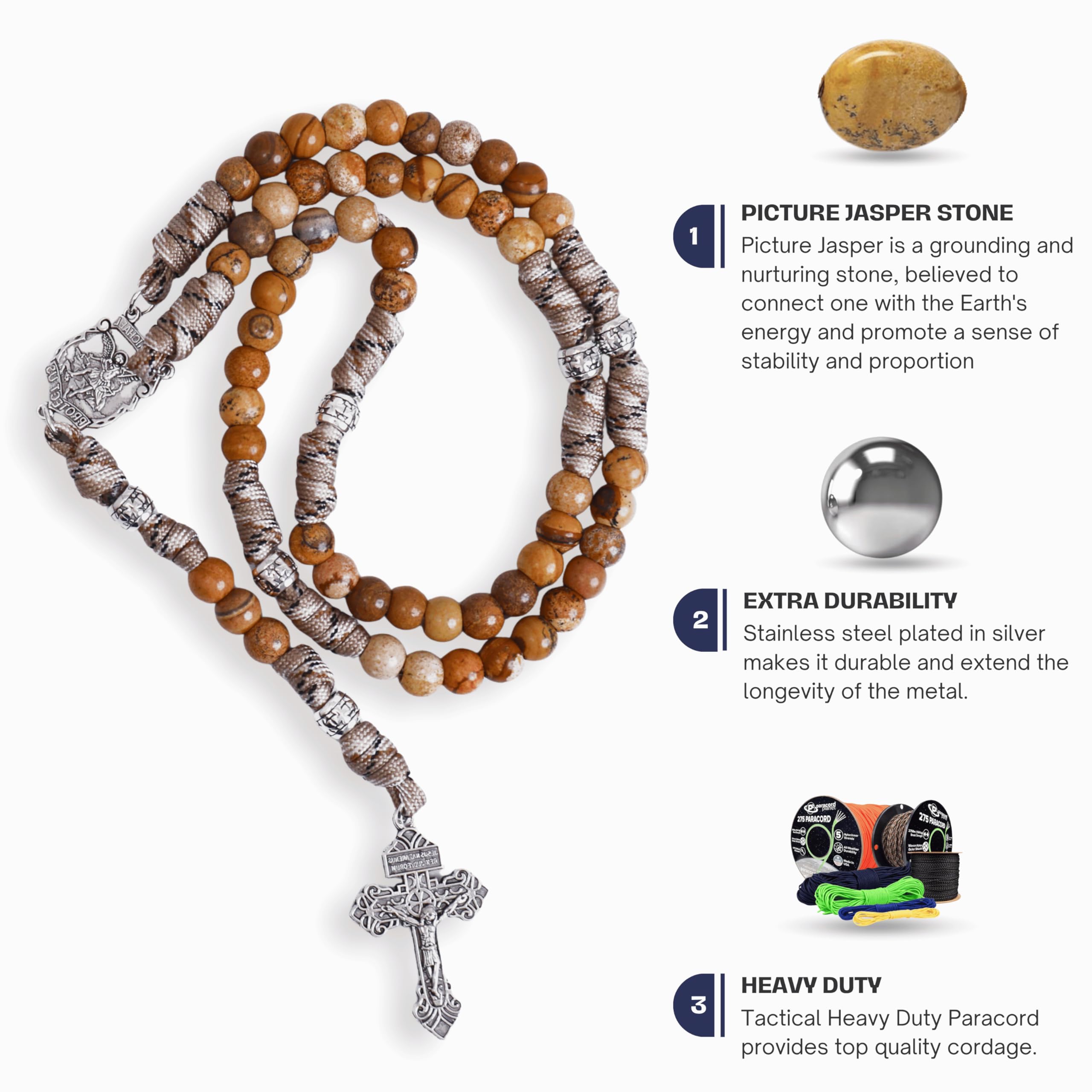 Jasper One Decade Rosary Beads Paracord Set St. Michael Necklace & St. Benedict 22"