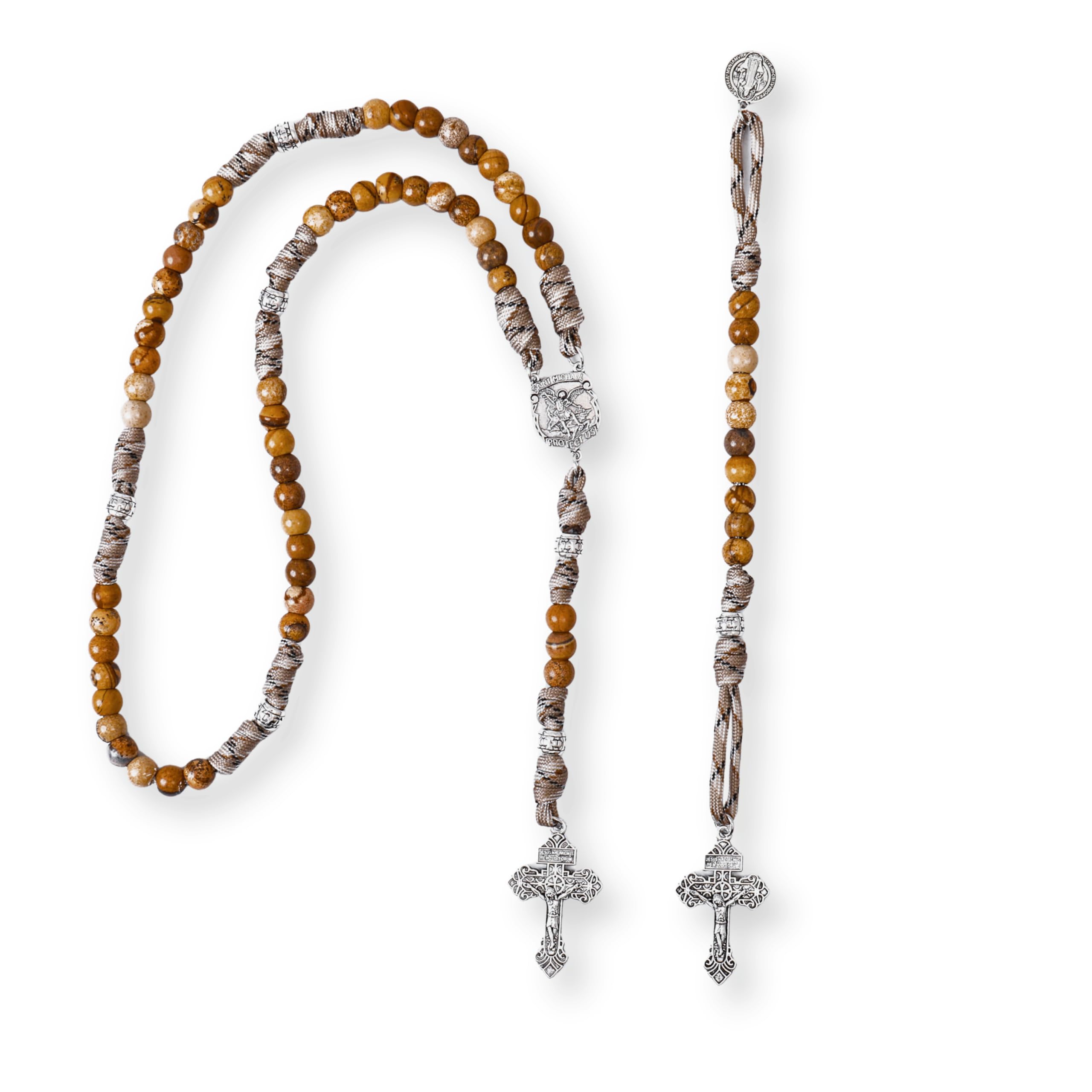 Jasper One Decade Rosary Beads Paracord Set St. Michael Necklace & St. Benedict 22"