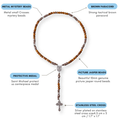 Jasper One Decade Rosary Beads Paracord Set St. Michael Necklace & St. Benedict 22"