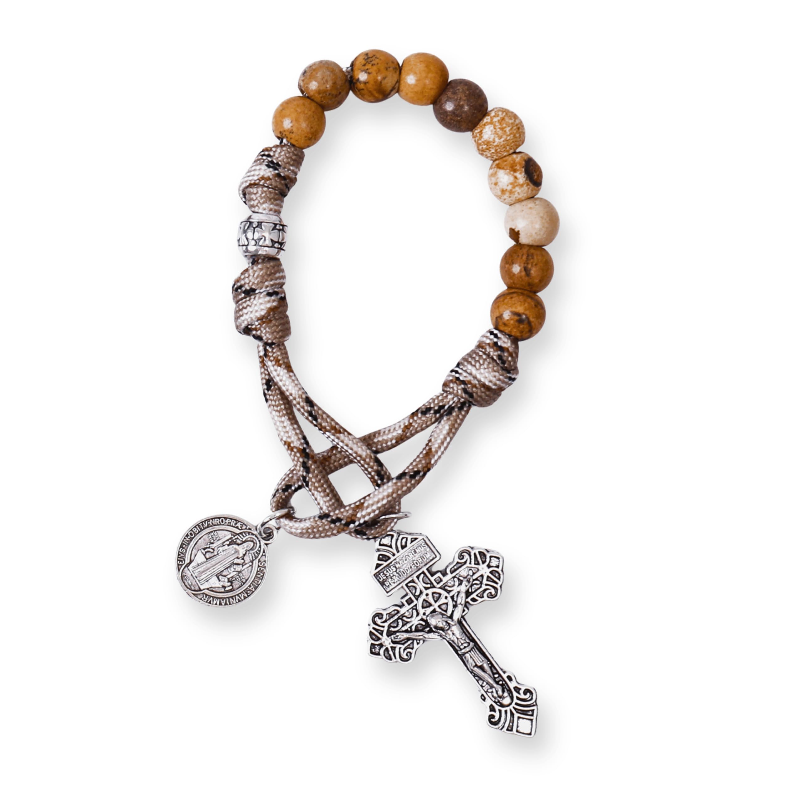 Jasper One Decade Rosary Beads Paracord Set St. Michael Necklace & St. Benedict 22"