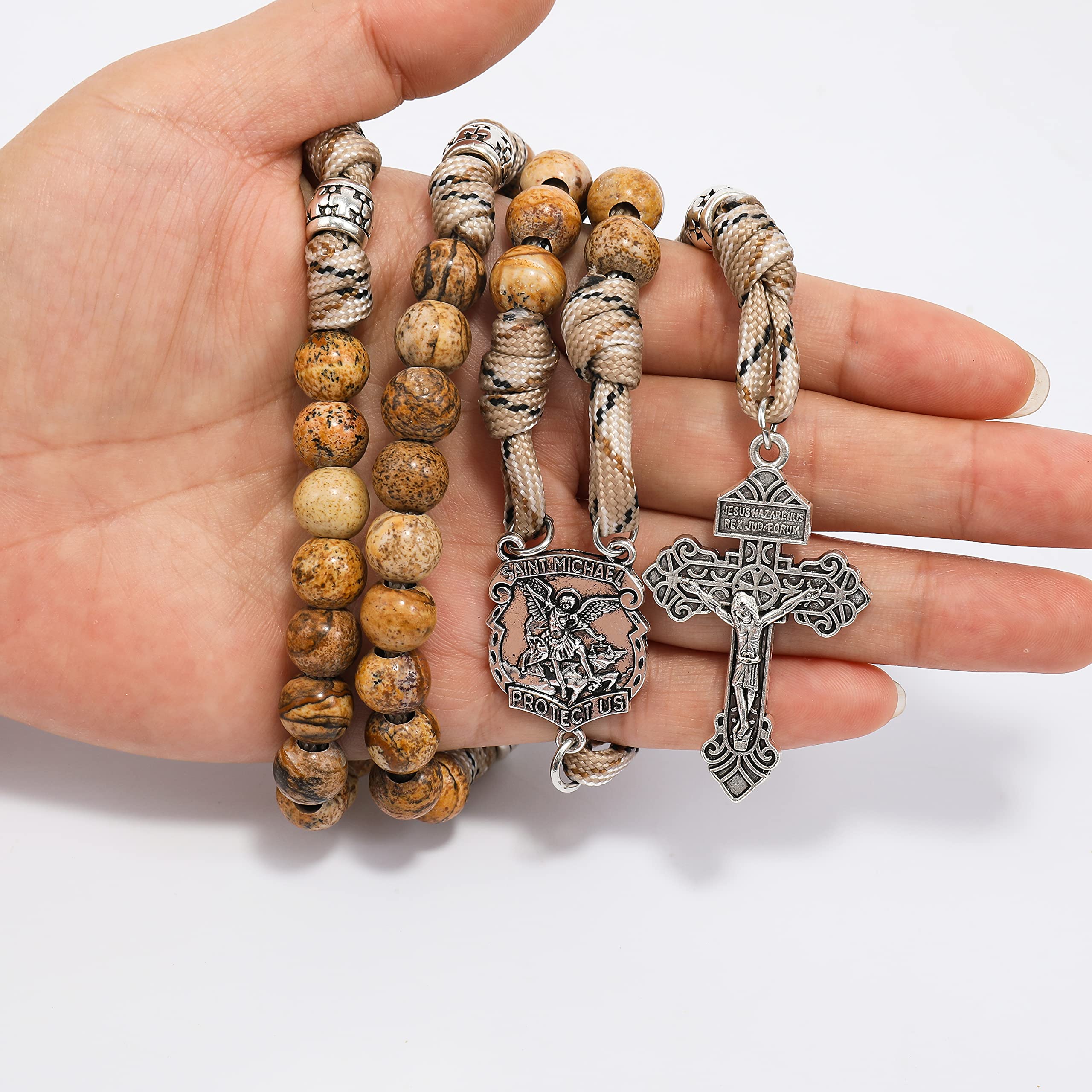 Jasper One Decade Rosary Beads Paracord Set St. Michael Necklace & St. Benedict 22"