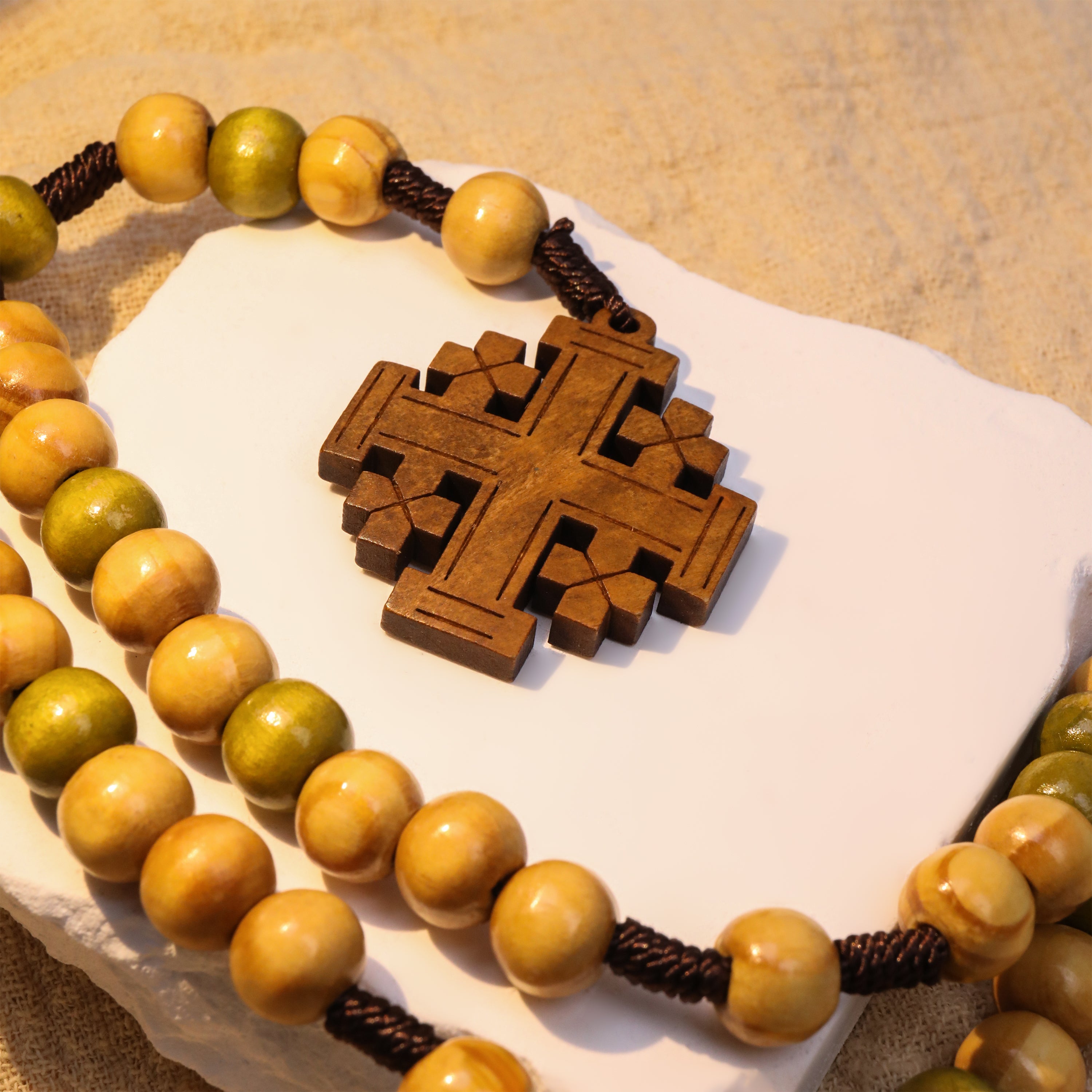 Handcrafted Olive Wood Prayer Rosary with Jerusalem Cross Catholic Car Protection Chaplet-Nazareth Store