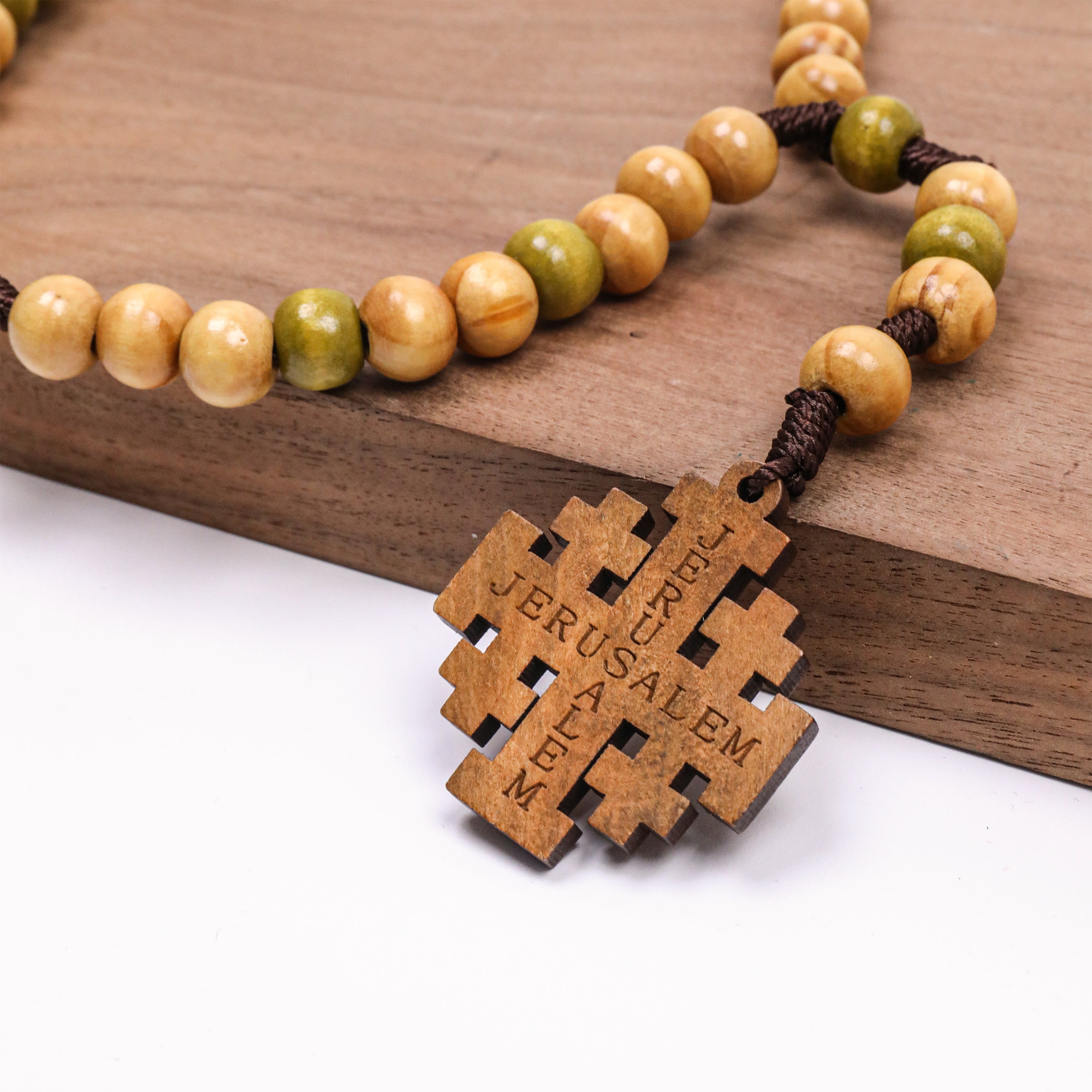 Handcrafted Olive Wood Prayer Rosary with Jerusalem Cross Catholic Car Protection Chaplet-Nazareth Store