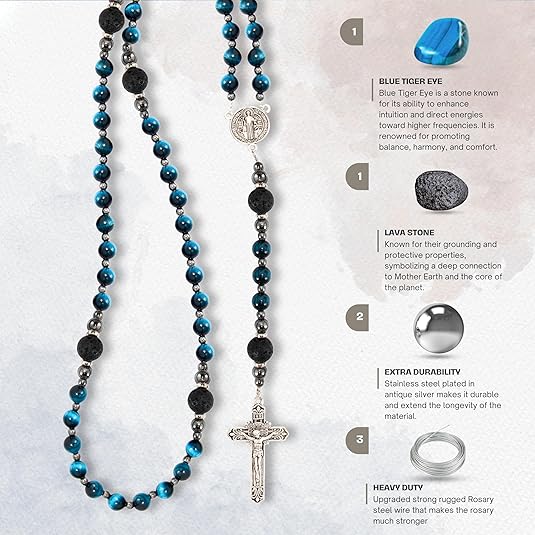 Men's Blue Tiger Eye Rosary with Lava Beads St. Benedict Medal & Cross Nazareth Store
