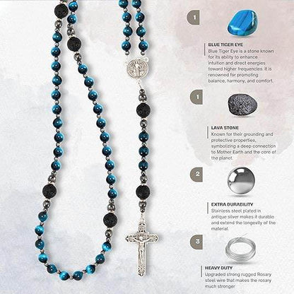Men's Blue Tiger Eye Rosary with Lava Beads St. Benedict Medal & Cross - Nazareth Store