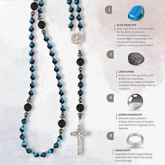 Men's Blue Tiger Eye Rosary with Lava Beads St. Benedict Medal & Cross - Nazareth Store