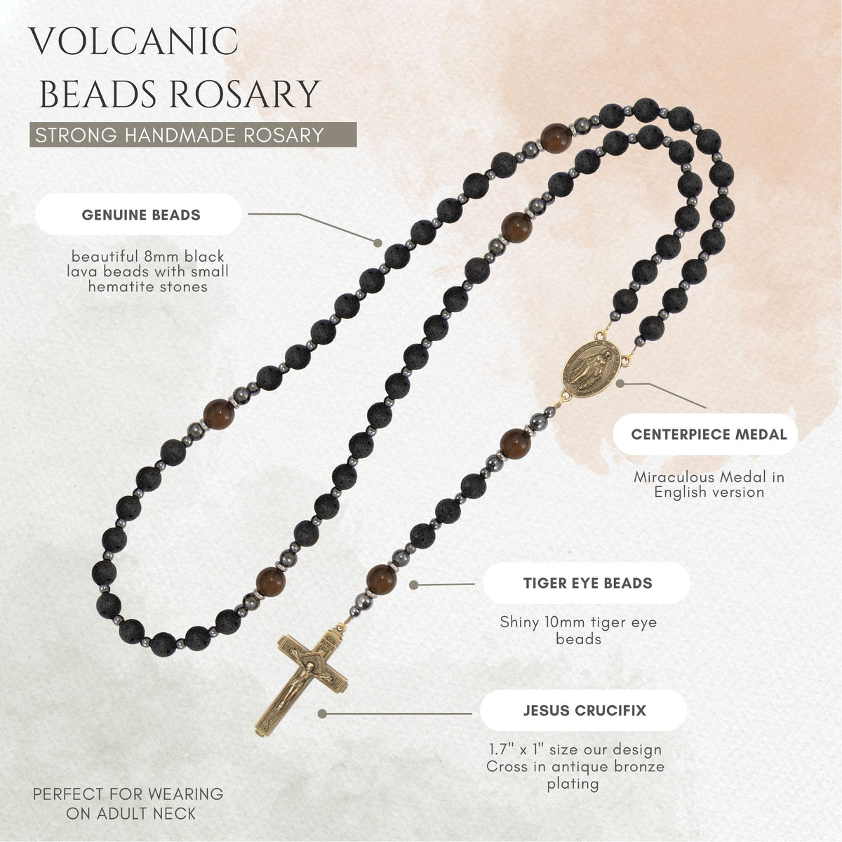 Black Lava Stone Rosary with Yellow Tiger Eye Miraculous Medal & Cross Necklace for Men's - Nazareth Store