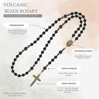 Black Lava Stone Rosary with Yellow Tiger Eye Miraculous Medal & Cross Necklace for Men's - Nazareth Store