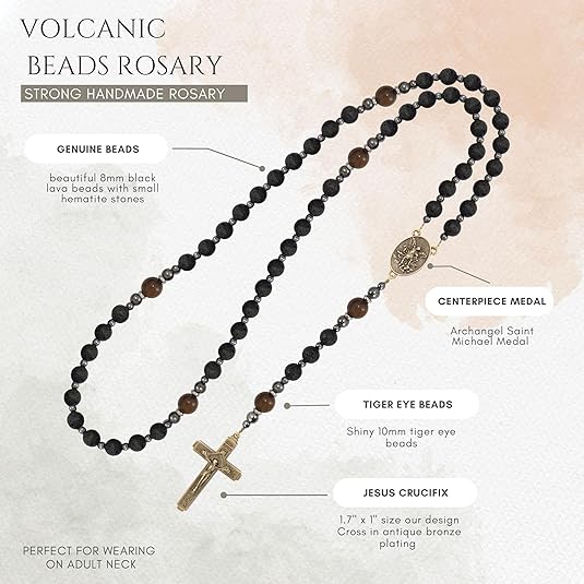 Black Lava Stone Rosary with Yellow Tiger Eye St. Michael Medal & Cross Necklace for Men's Nazareth Store
