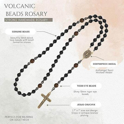 Black Lava Stone Rosary with Yellow Tiger Eye St. Michael Medal & Cross Necklace for Men's - Nazareth Store
