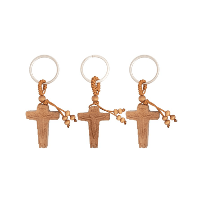 3pcs Wooden Crucifix Keychain Set Hand-Carved Peach Wood with Beaded Rope - Nazareth Store
