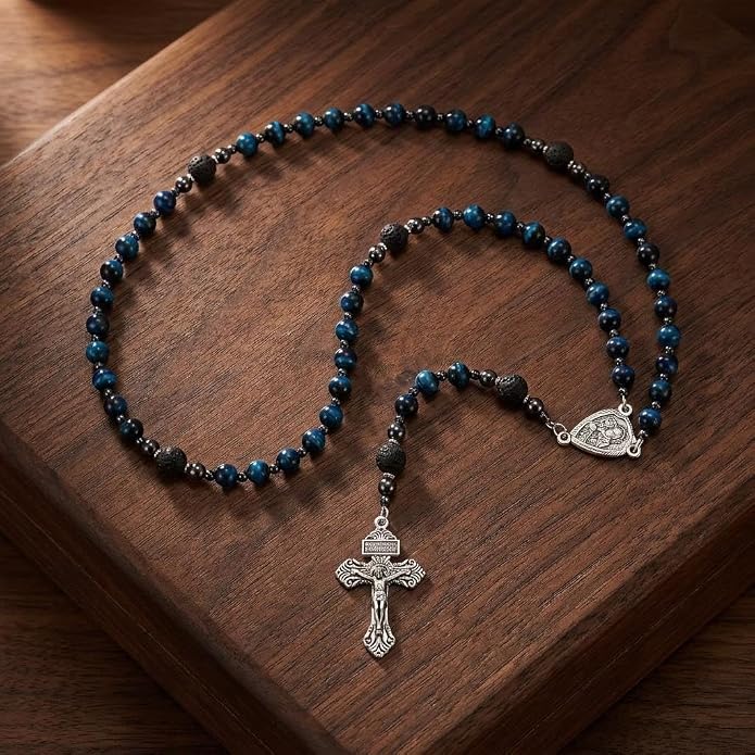 Blue Tiger Eye Rosary Necklace Lava Stone Prayer Beads with St. Joseph Medal & Crucifix - Nazareth Store 