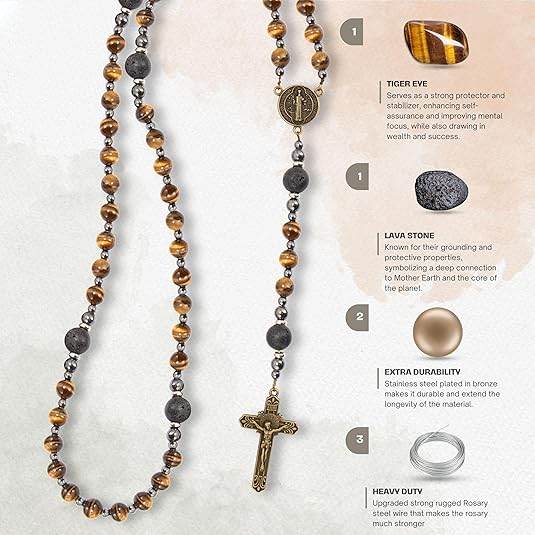 Brown Tiger Eye Catholic Rosary with St. Benedict Medal & Cross Necklace for Men's - Nazareth Store