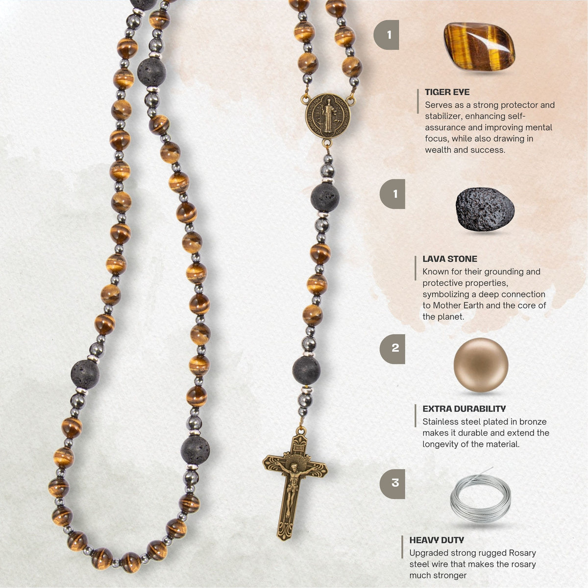 Brown Tiger Eye Catholic Rosary with St. Benedict Medal & Cross Necklace for Men's - Nazareth Store