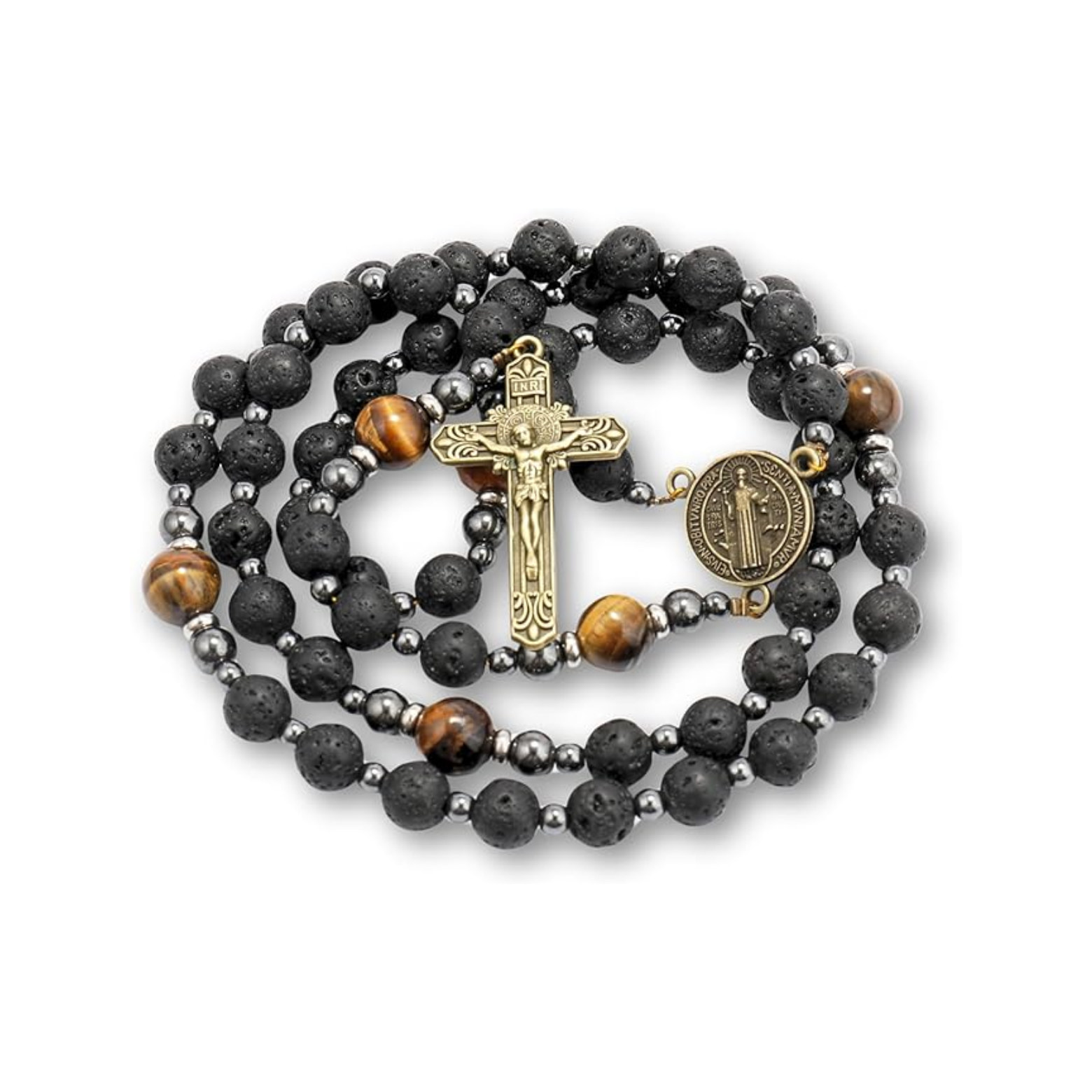 Black Lava Stone Rosary with Yellow Tiger Eye St. Benedict Medal & Cross Necklace for Men's Nazareth Store
