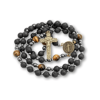 Black Lava Stone Rosary with Yellow Tiger Eye St. Benedict Medal & Cross Necklace for Men's - Nazareth Store