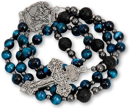Men's Blue Tiger Eye Rosary with Lava Beads Saint Michael Medal & Cross – Gift Box Included - Nazareth Store