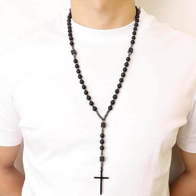 Black Tiger Eye & Lava Stone 9mm Beads Rosary Necklace with Black Alloy Cross Nazareth Store