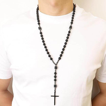 Black Tiger Eye & Lava Stone 9mm Beads Rosary Necklace with Black Alloy Cross - Nazareth Store