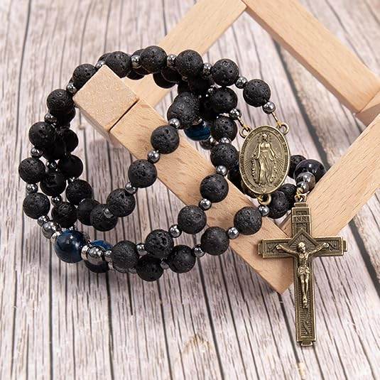 Miraculous Black Lava Stone Beads with Blue Tiger Eye Beads Rosary Necklace for Men's - Nazareth Store
