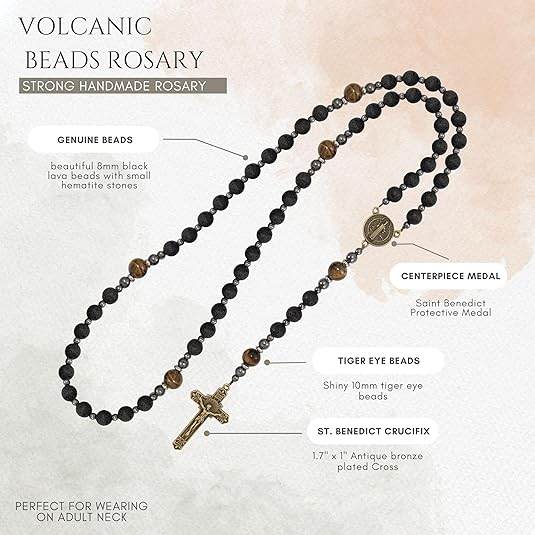 Black Lava Stone Rosary with Yellow Tiger Eye St. Benedict Medal & Cross Necklace for Men's - Nazareth Store