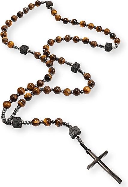 Brown Tiger Eye & Lava Stone 9mm Beads Rosary Necklace with Black Alloy Cross Nazareth Store