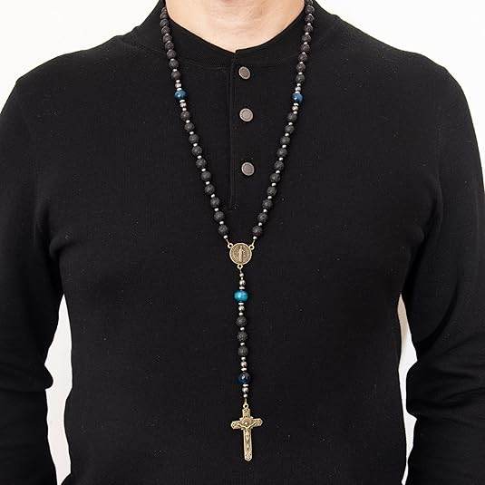 St. Benedict Black Lava Stone Beads with Blue Tiger Eye Beads Rosary Necklace for Men's - Nazareth Store