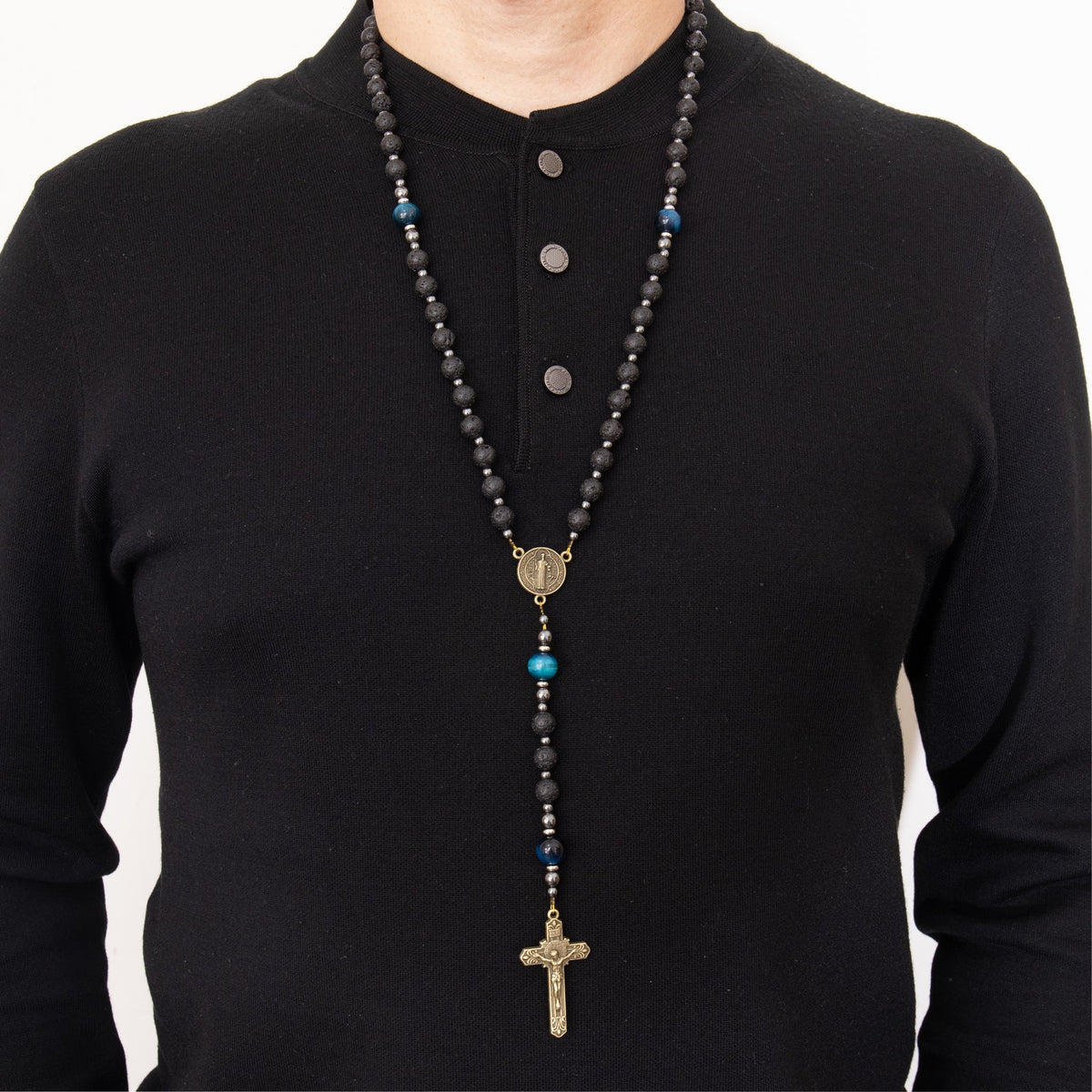 St. Benedict Black Lava Stone Beads with Blue Tiger Eye Beads Rosary Necklace for Men's - Nazareth Store