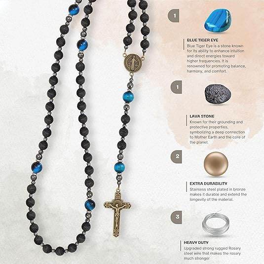 St. Benedict Black Lava Stone Beads with Blue Tiger Eye Beads Rosary Necklace for Men's - Nazareth Store
