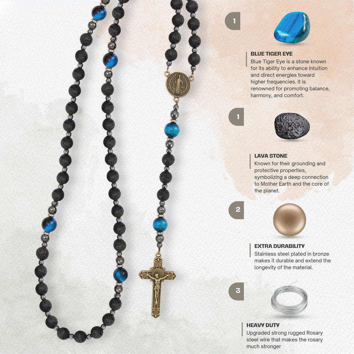 St. Benedict Black Lava Stone Beads with Blue Tiger Eye Beads Rosary Necklace for Men's - Nazareth Store