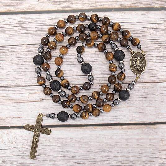Men's Brown Tiger Eye Catholic Rosary with St. Michael Medal & Cross - Nazareth Store