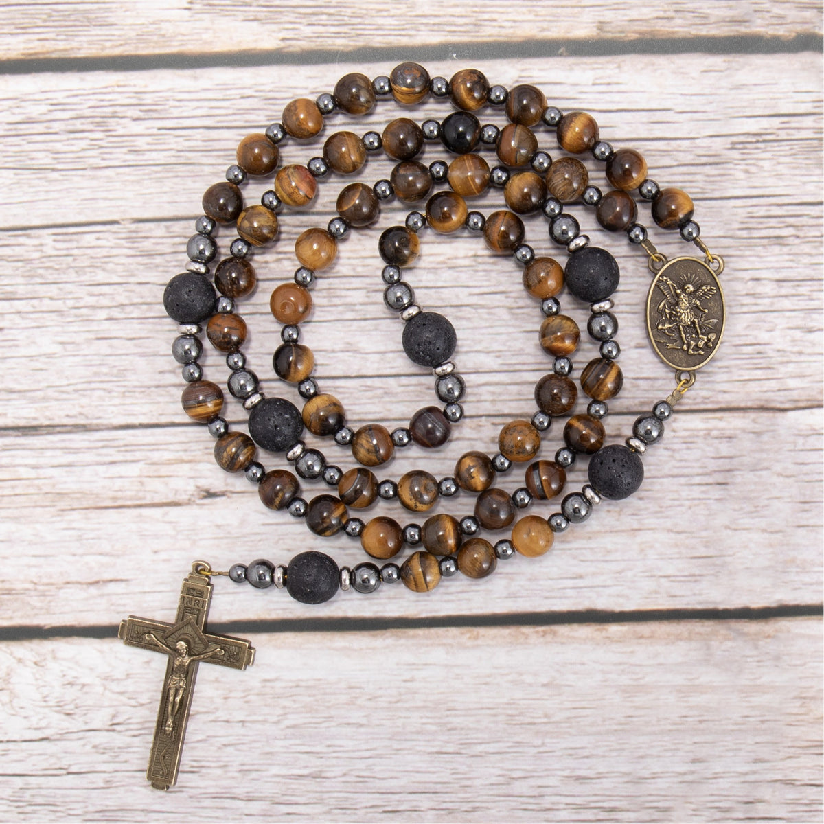 Men's Brown Tiger Eye Catholic Rosary with St. Michael Medal & Cross - Nazareth Store