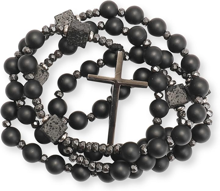 Black Tiger Eye & Lava Stone 9mm Beads Rosary Necklace with Black Alloy Cross Nazareth Store