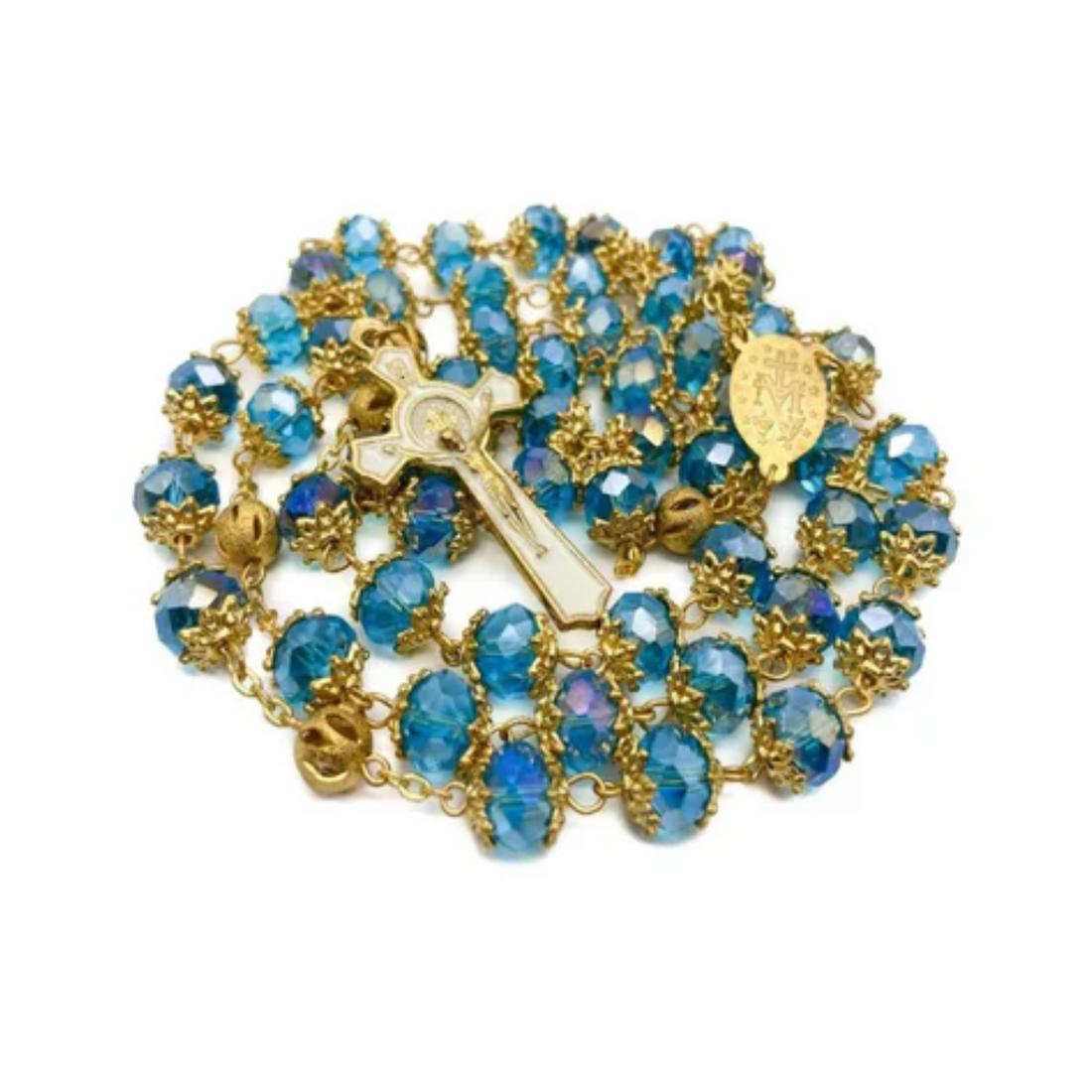 Light Blue Crystal Beads Rosary  St Saint Benedict Cross & Miraculous Medal Nazareth Store