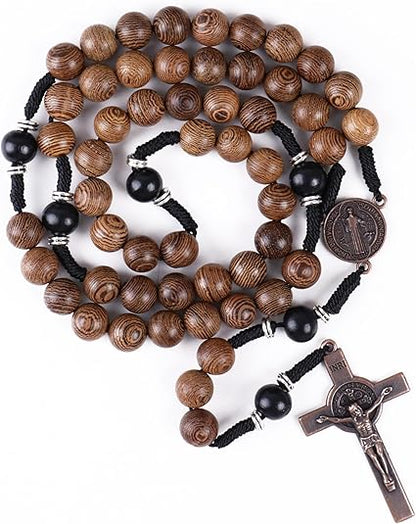  10mm olive and 10mm black wood mystery beads, this rosary offers a bold, strong design that’s perfect for men.