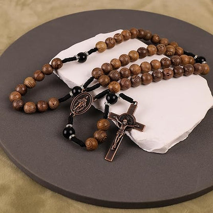 10mm olive and 10mm black wood mystery beads, this rosary offers a bold, strong design that’s perfect for men. 