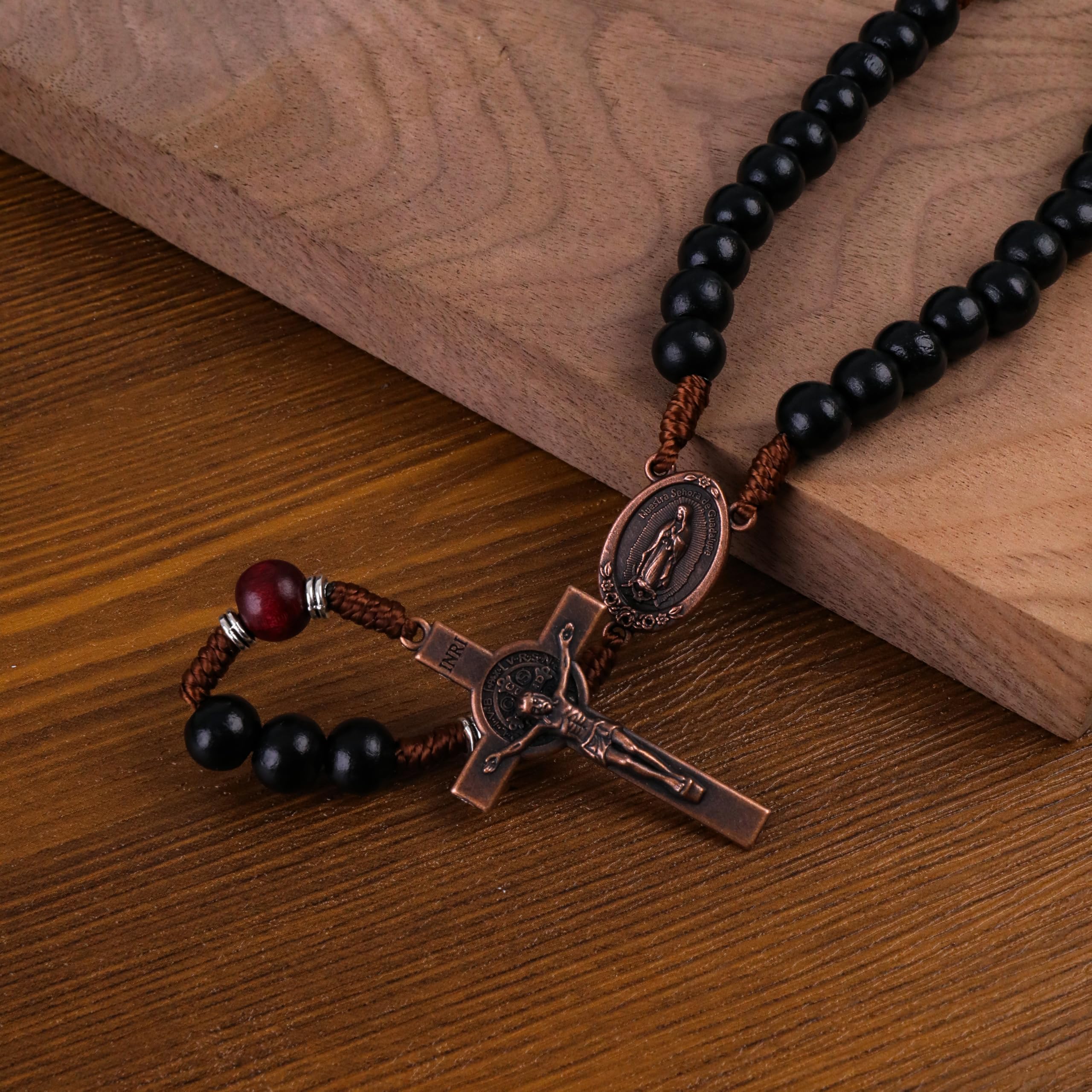 Handmade Solid Wood Catholic Rosary Beads Black & Dark Red Wood Mystery Beads Prayer Necklace with Antique Copper Guadalupe Medal & Crucifix 