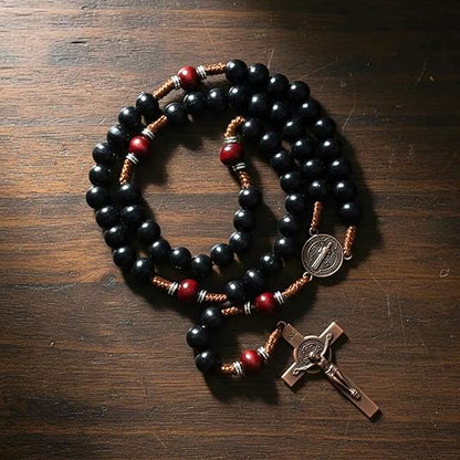 10mm black and 10mm black & dark red wood mystery beads, this rosary offers a bold, strong design that’s perfect for men.