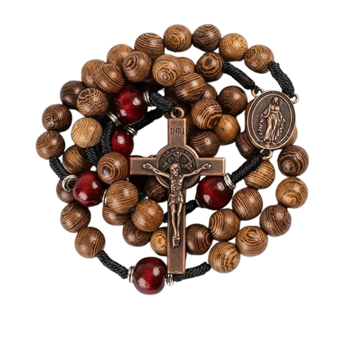 Olive Wood Rosary with Dark Red Beads Miraculous Medal & Crucifix for Men
