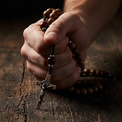10mm olive wood beads and 12mm dark red wood mystery beads, this rosary offers a bold, strong design that’s perfect for men.